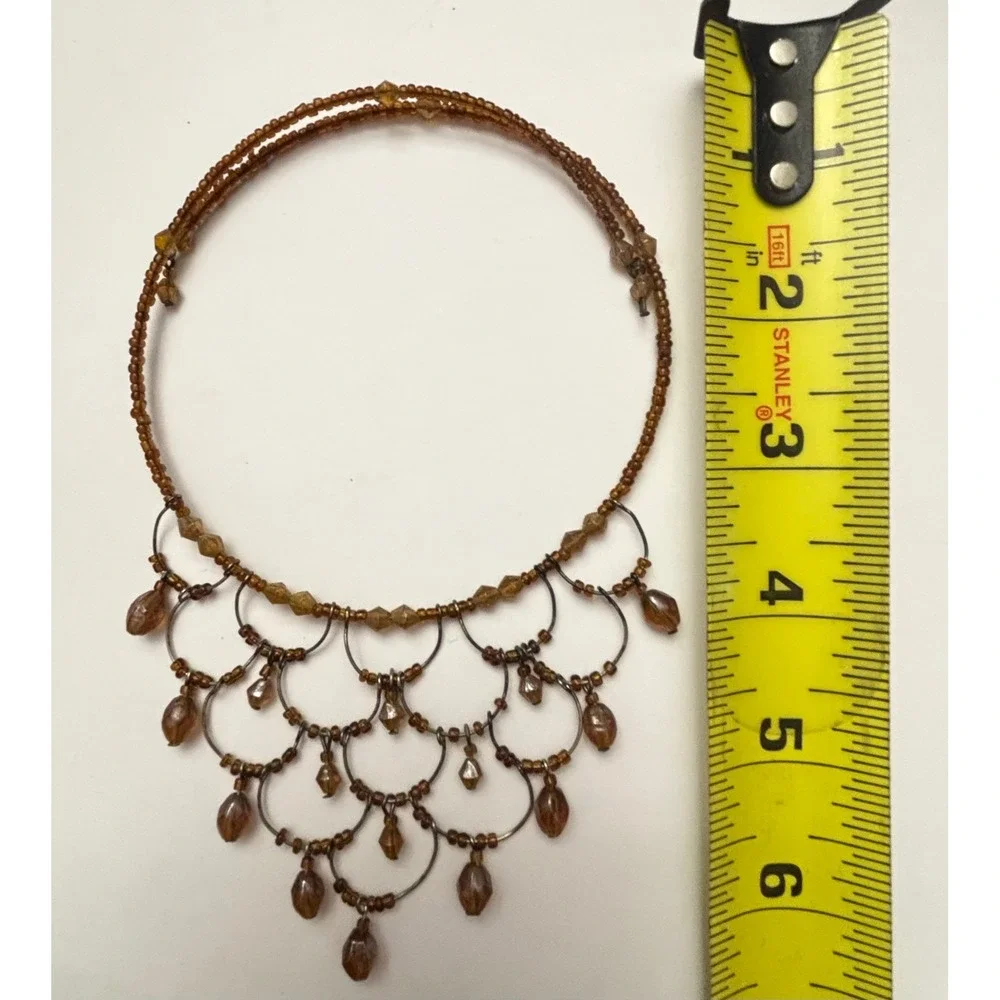 Vintage Brown Bead Scalloped Bib Necklace Silver Tone Memory Wire Choker